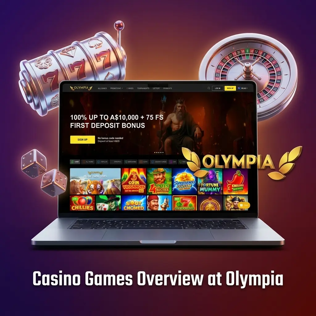 Overview of Olympia casino games, including video slots, jackpots, table games, Megaways, instant wins and video poker categories.