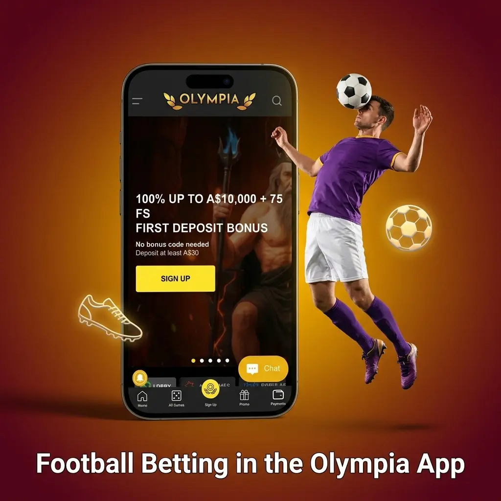 Football betting on the Olympia mobile site, showing scrollable sport menu and bet slip docked on a phone screen