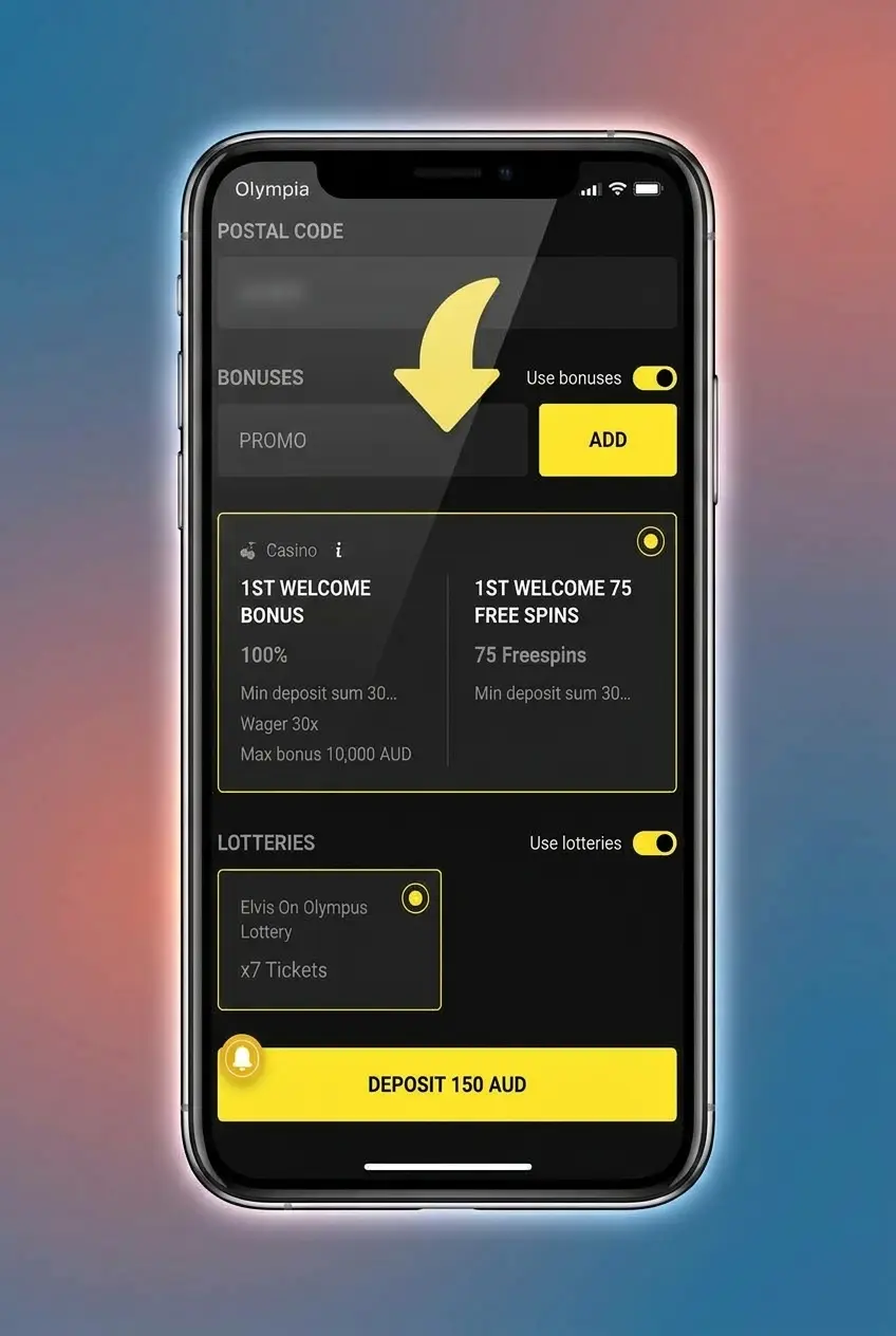 Step-by-step guide showing how to deposit funds at Olympia Casino from Australia using the cashier page.
