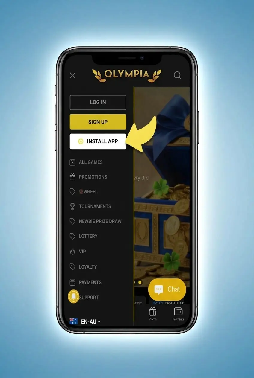 Screenshot showing Android APK installation and setup steps for the Olympia app outside Google Play