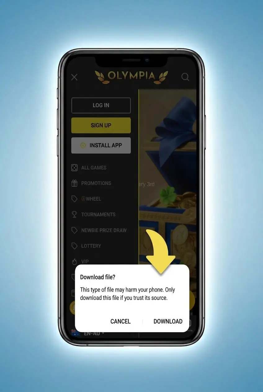 Screenshot showing Android APK installation and setup steps for the Olympia app