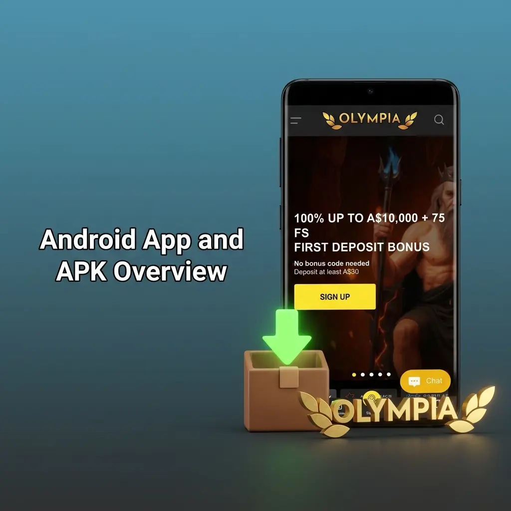 Android APK install guide showing steps to download, enable unknown sources, and set up the Olympia app.