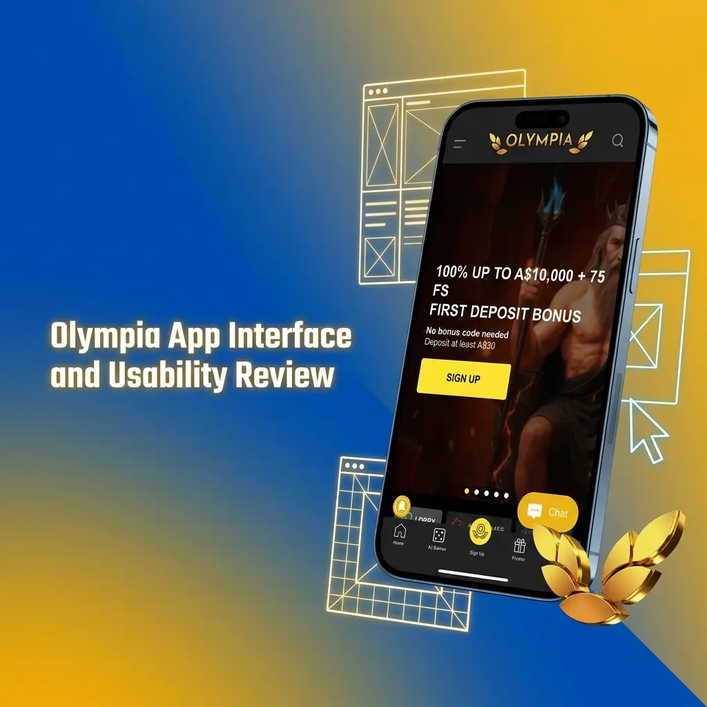 Olympia app screen showing sports and casino tabs, fixed bet slip icon, and streamlined mobile navigation menu