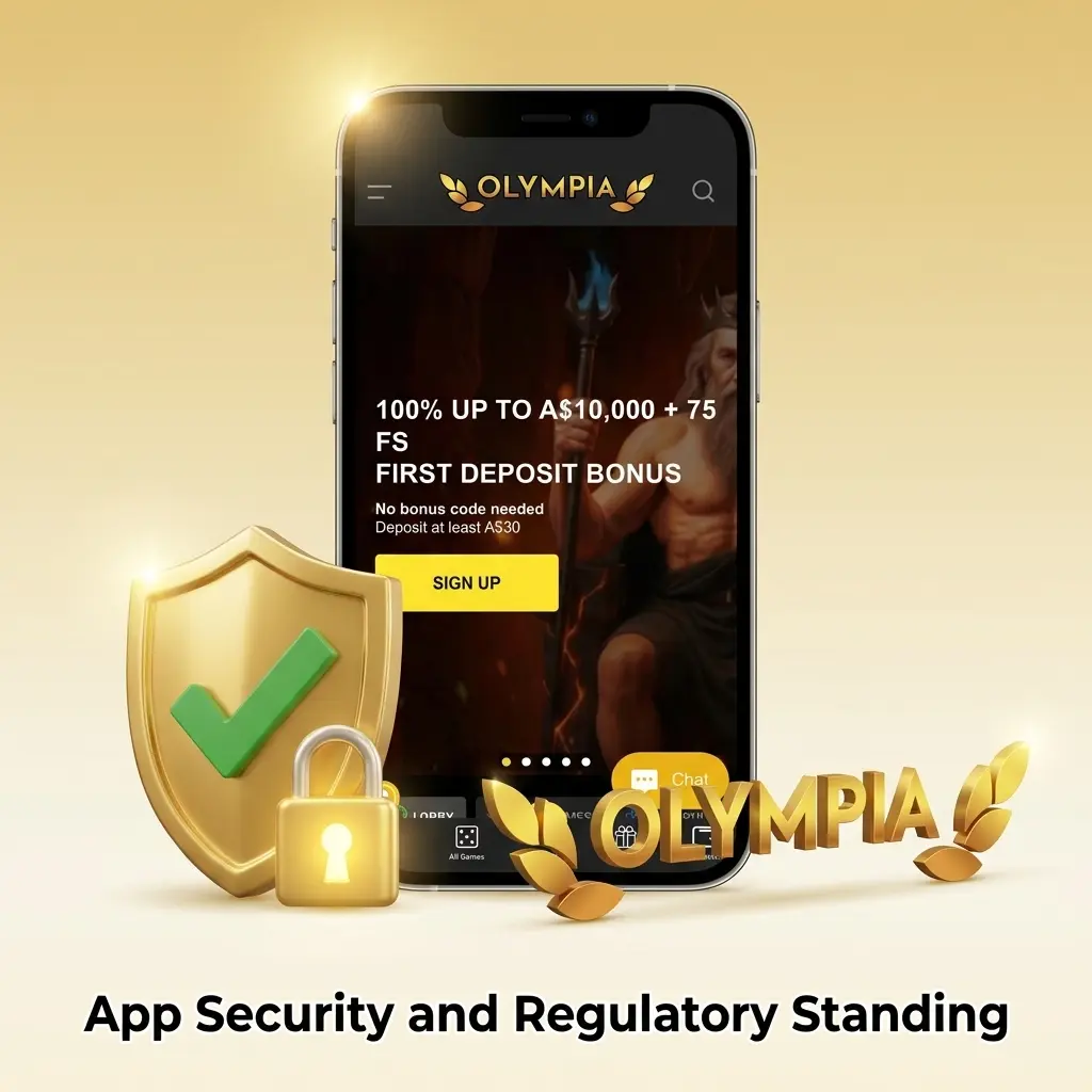 Olympia app security overview: encrypted server connection, official APK download, and footer-listed licensing details for account verification.