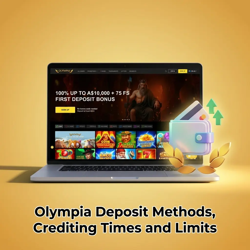 Olympia casino cashier showing deposit options like Visa, Mastercard, Neosurf, MiFinity and cryptocurrencies for AU players