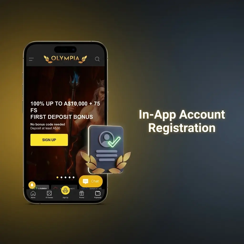 Screenshot showing in-app account registration steps with email, phone, AUD currency selection, and promo code fields