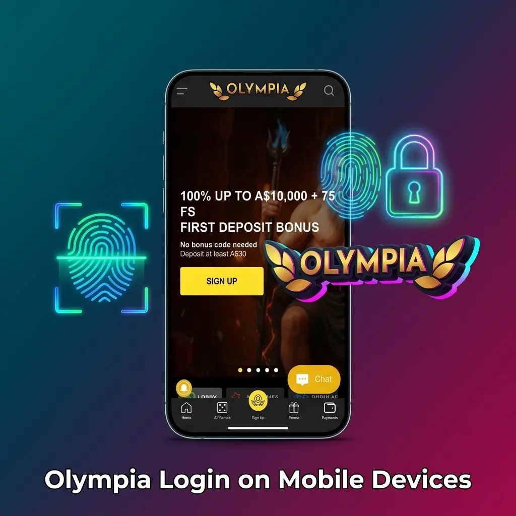 Olympia mobile login screen showing the browser-based sign-in form used by Australian players on phones and tablets