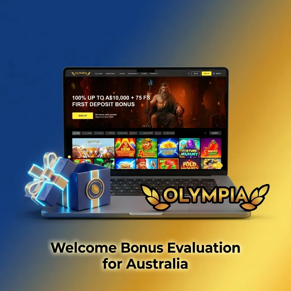 Olympia Casino welcome bonus for Australian players: 100% up to 10,000 AUD plus 75 Free Spins on casino and live casino matches.
