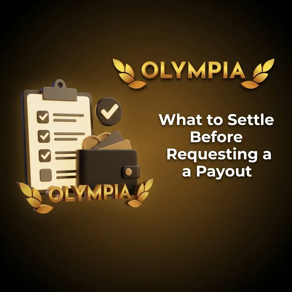 Checklist for Olympia Casino withdrawal requirements: verification, matching details, cleared bonus wagering, and limits.