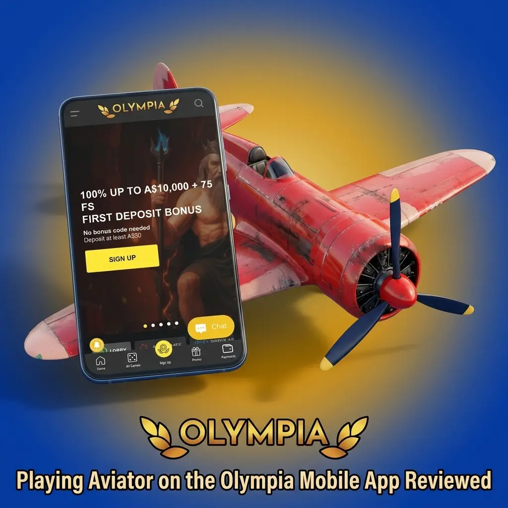 Aviator game screen shown on the Olympia mobile app during a review of gameplay and home screen setup
