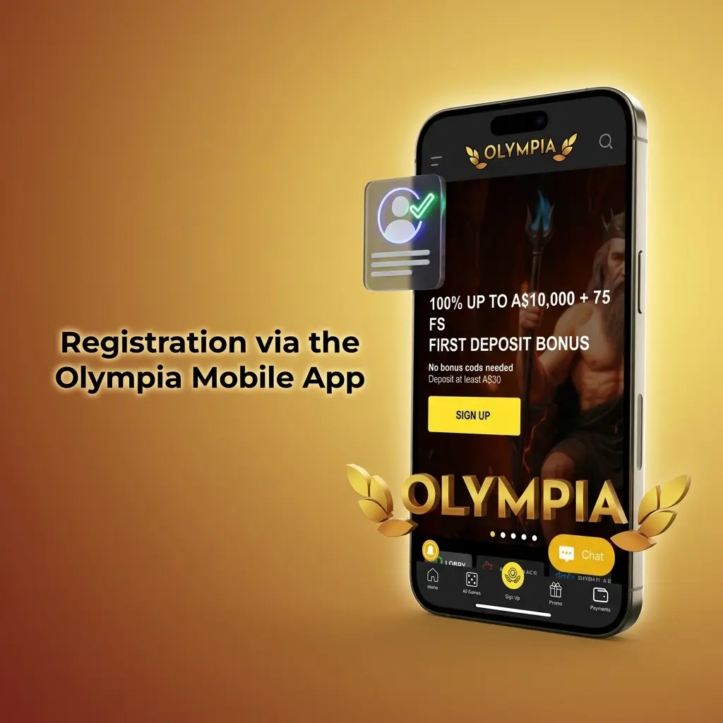 Step-by-step screens for registering an account via the Olympia mobile app, including password, currency, and promo code entry.
