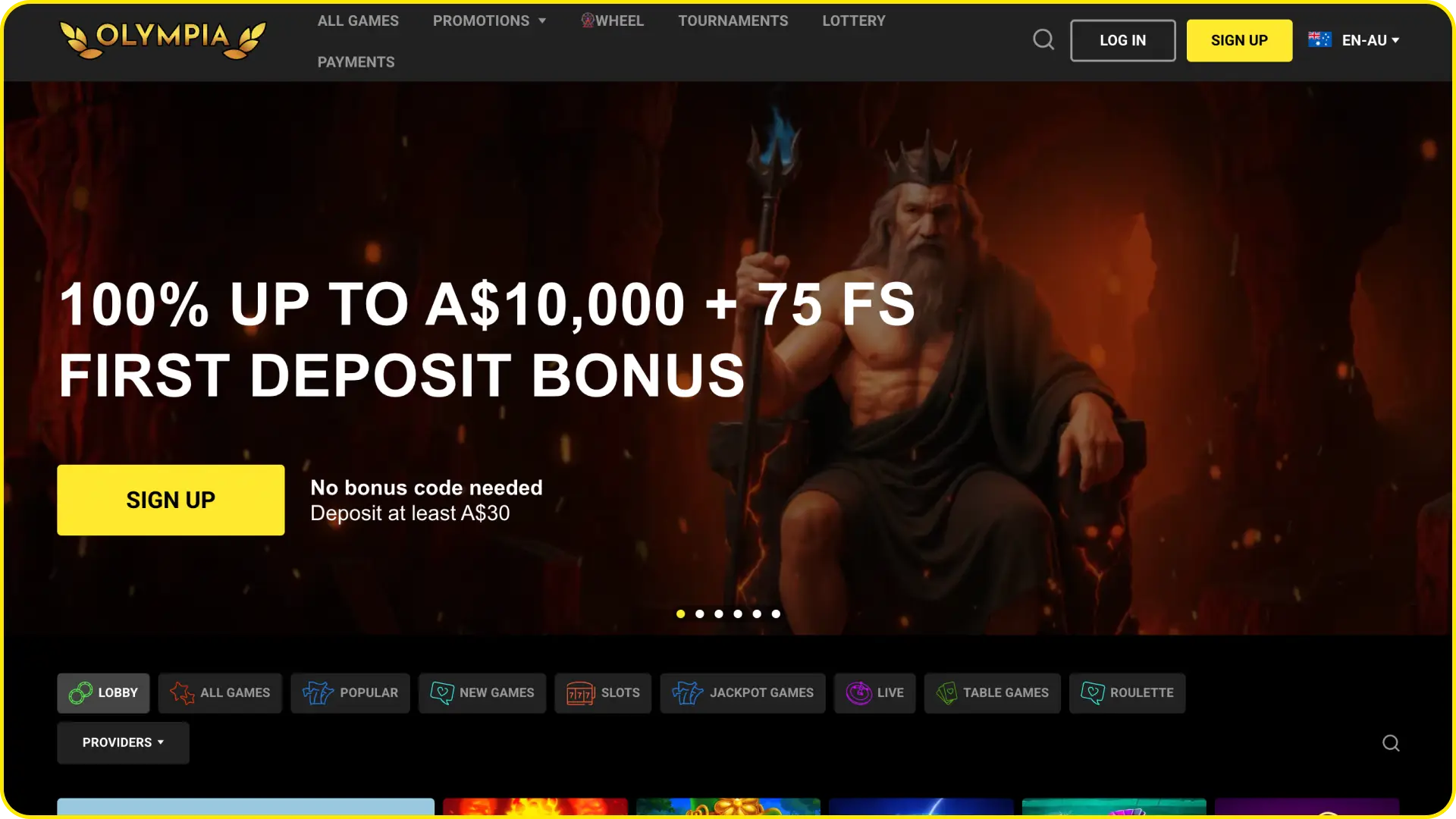 Explore the main home screen interface to begin playing at Olympia Casino.