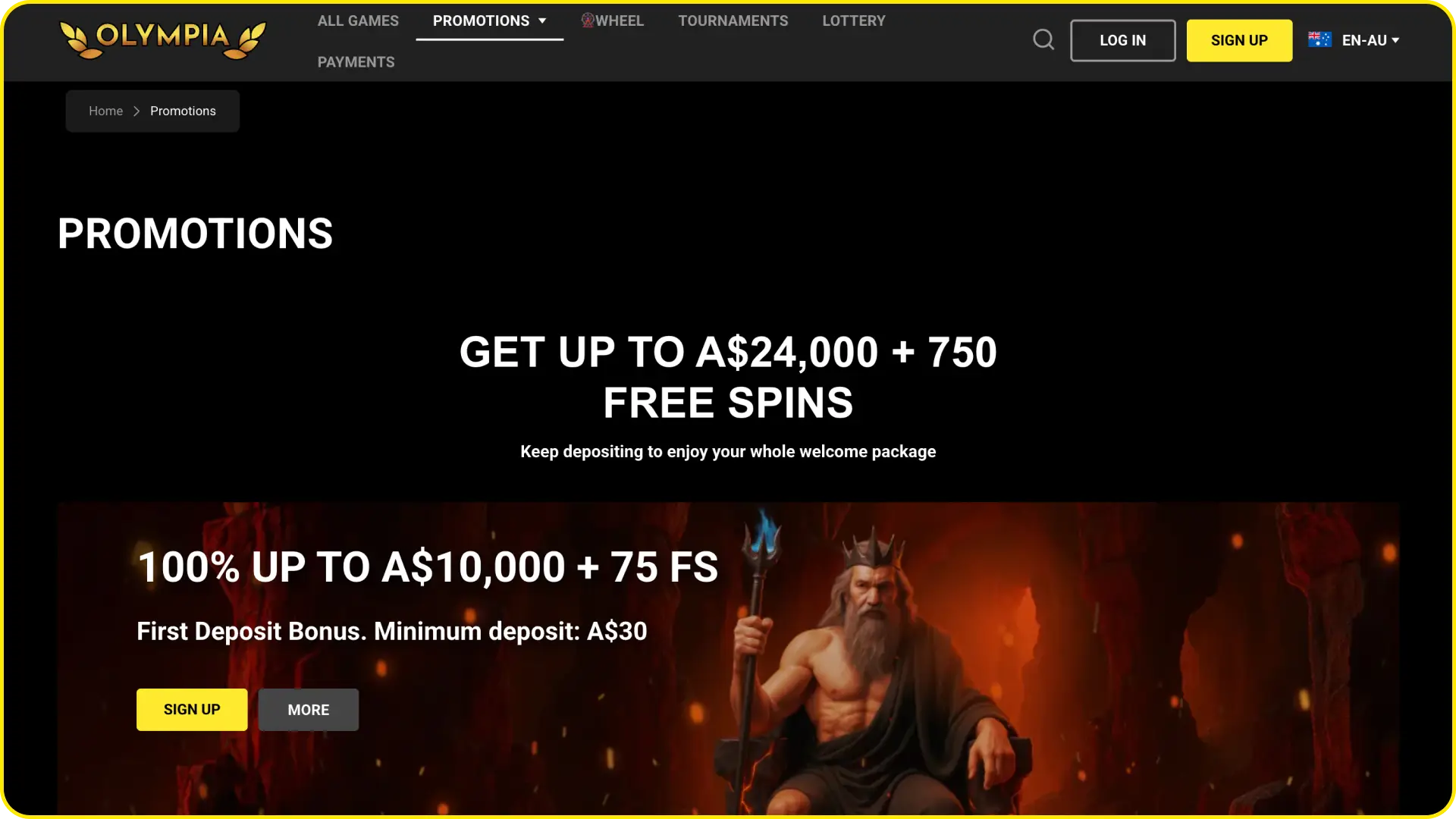 Check out active rewards and promotional offers on the Olympia Casino screen.