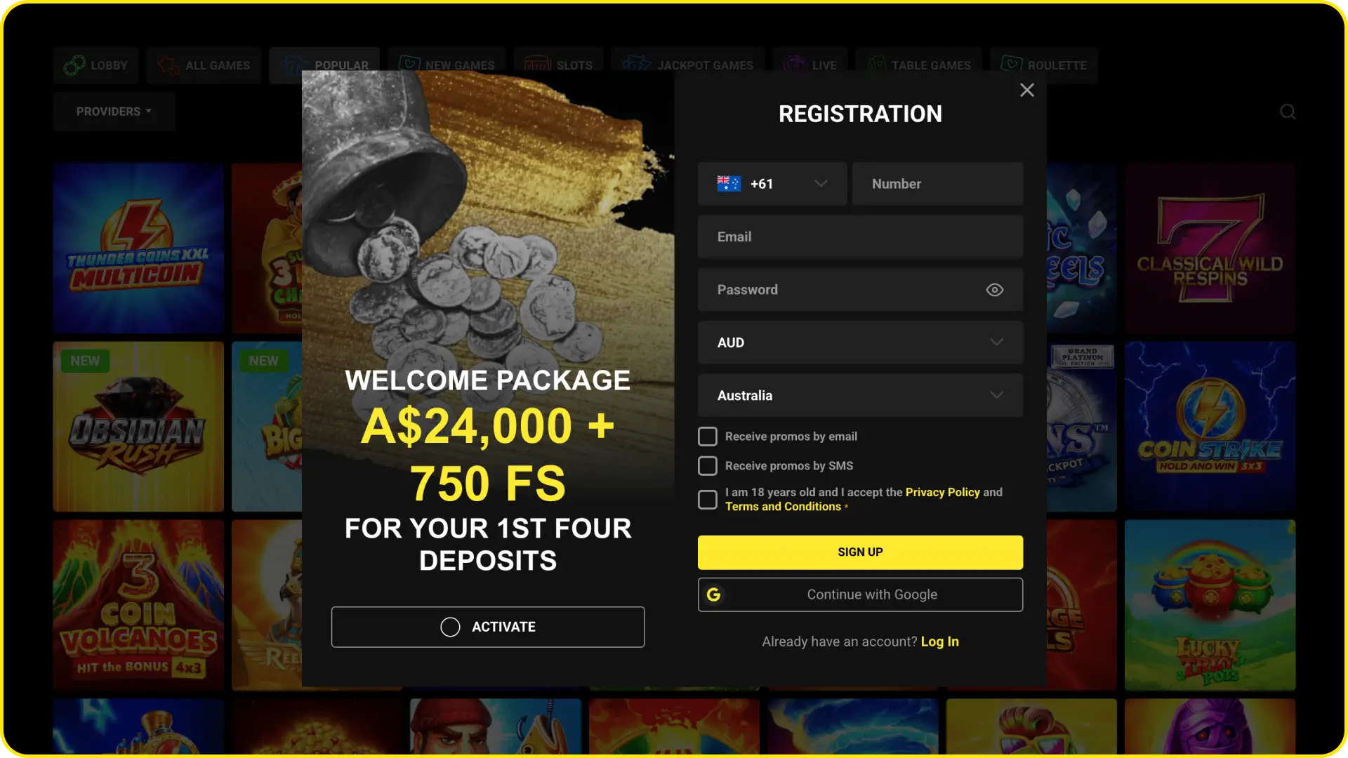 Complete quick account creation using the registration screen at Olympia Casino Australia.
