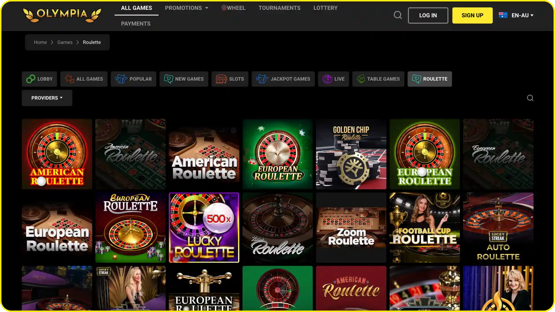 Browse top online slot titles on the official slots screen at Olympia Casino.